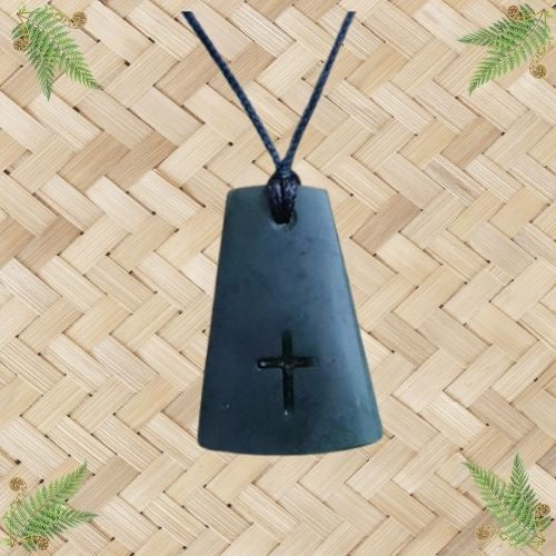 NZ Greenstone Carved Cross Toki Pendant