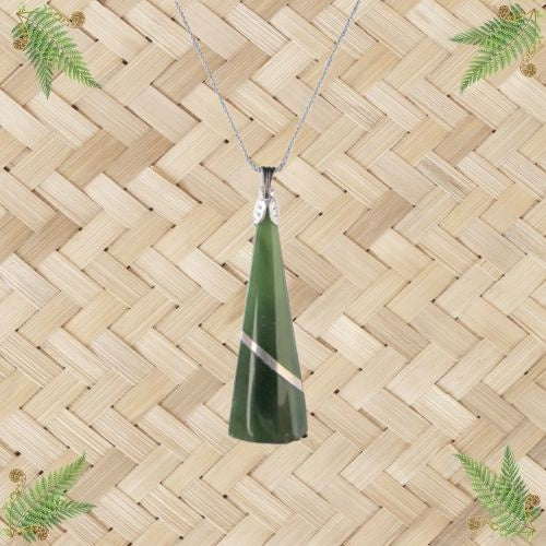 NZ Greenstone Wedge with Silver Thread Pendant - 32mm