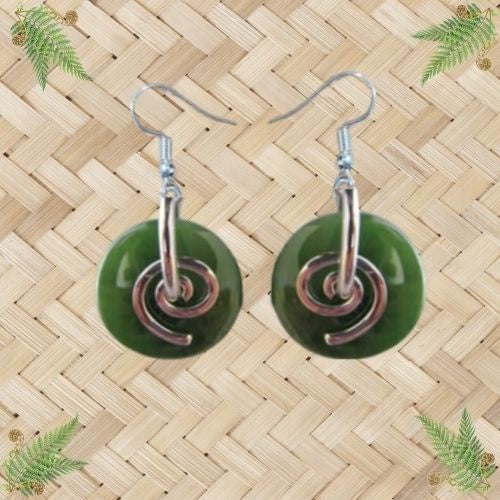 NZ Greenstone Round with Silver Koru Earrings