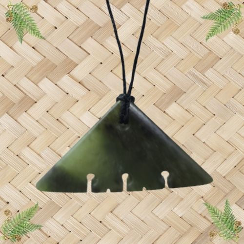 NZ Greenstone Triangle Pendant with Notches - 56mm