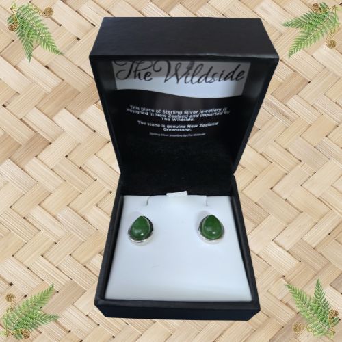 NZ Greenstone & Sterling Silver Teardrop Stud Earrings - 10mm