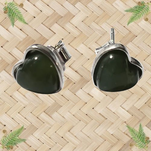 NZ Greenstone & Silver Heart Stud Earrings - 6mm