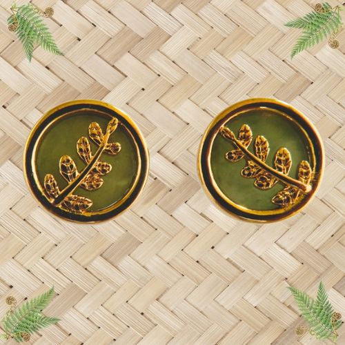 NZ Greenstone & Gold Fern Stud Earrings - 10mm