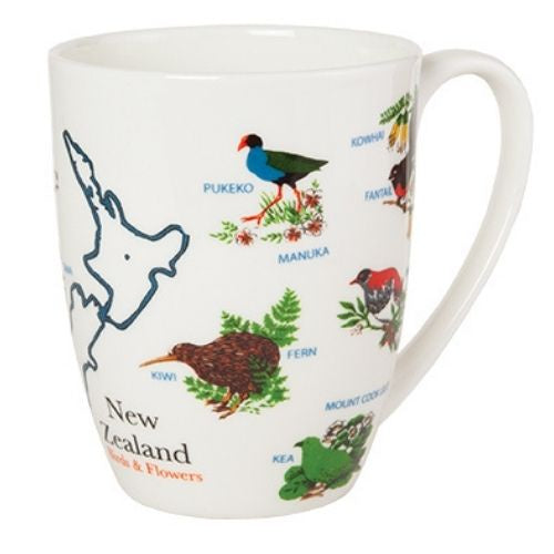 NZ Birds, Map & Flowers Bone China Mug