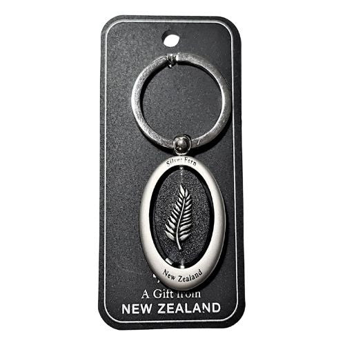 Silver Fern Spinning Oval Keyring Black