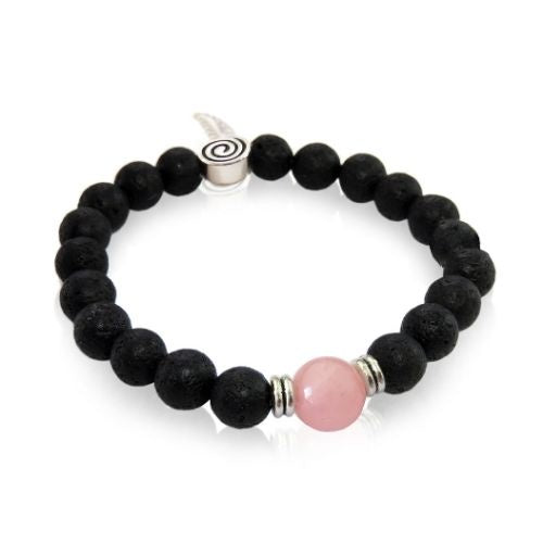 Lava Beads + Silver Fern + Rose Quartz Bracelet - 8mm