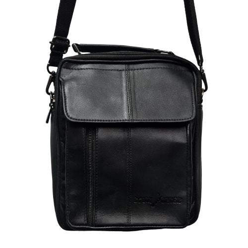 Black Leather Manbag with Handle - Small