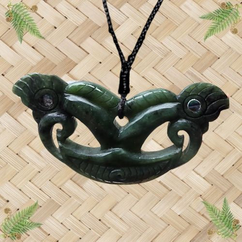 NZ Greenstone Breastplate Pendant with Double Manaia - 101mm