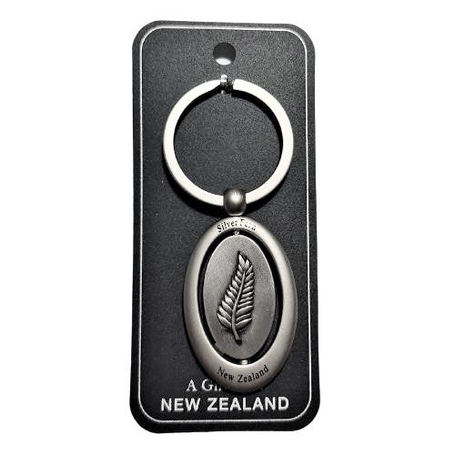 Silver Fern Spinning Oval Keyring Silver