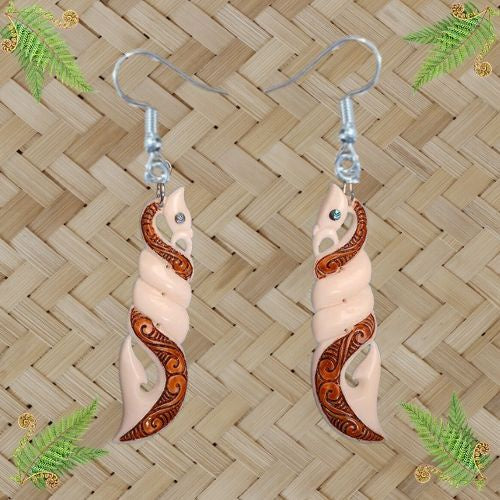 Manaia Twist Bone Earrings with Stain - 72mm
