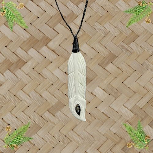 Feather Bone Pendant with Paua - 125mm