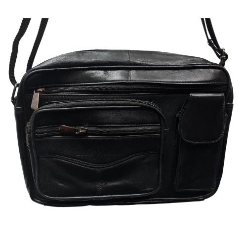 Black Leather Manbag with Phone Pouch