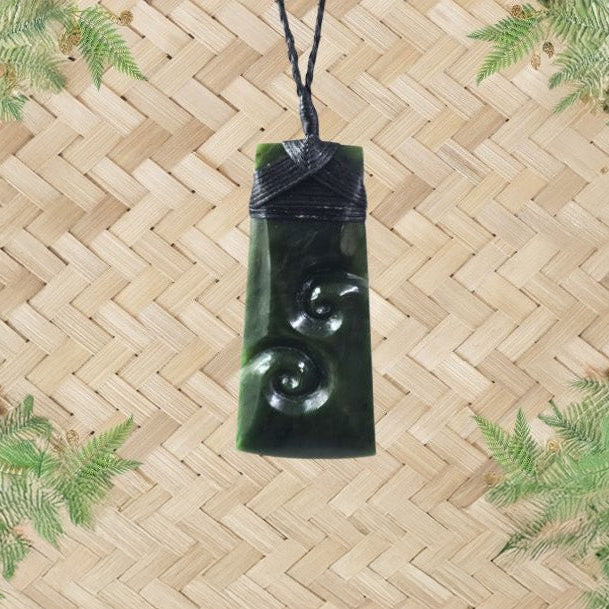 NZ Greenstone Toki with 2 Koru Pendant