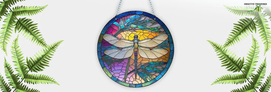 Stained glass dragonfly window suncatcher with native fern detail, a handmade gift from Creative Treasures and a thoughtful pick for New Zealand souvenirs.