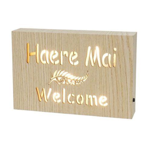 Haere Mai Welcome Wooden LED Block