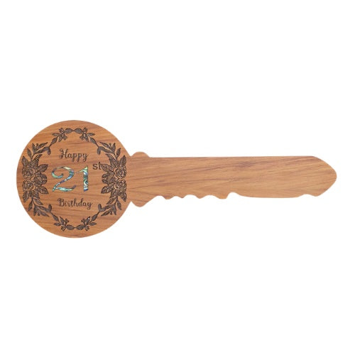 Rimu Veneer 21st Key - Floral Design with 21 Paua Inlay