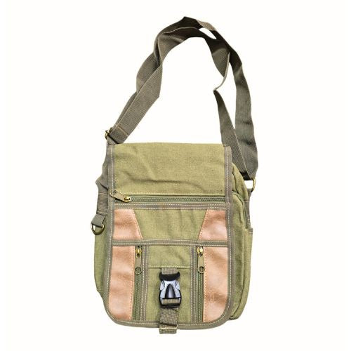 Khaki Canvas & Leather Shoulder Bag