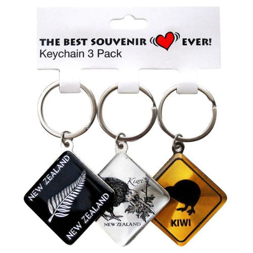 NZ Kiwi & Fern Diamond Keyring 3 Pack