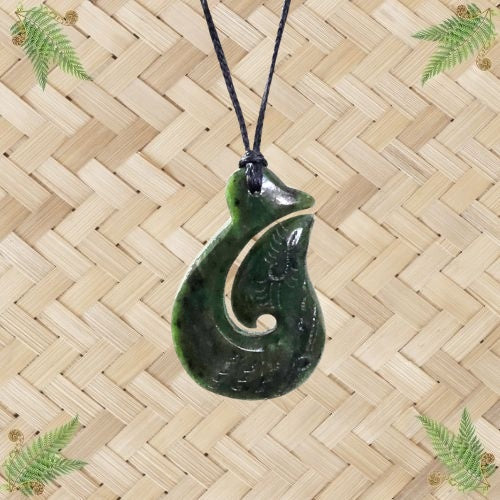 NZ Greenstone Engraved Hook Pendant - 50mm