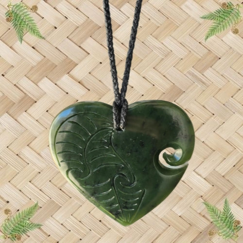 NZ Greenstone Heart Koru Engraved Pendant - 60mm