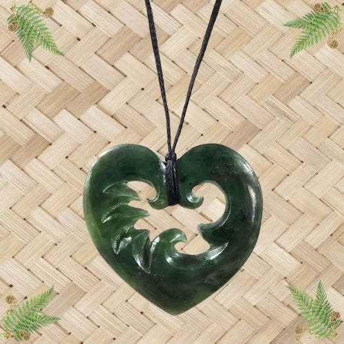 NZ Greenstone Wave Heart Pendant - 38mm