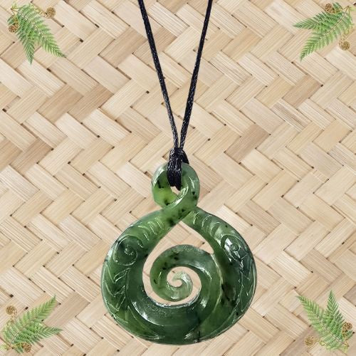 NZ Greenstone Engraved Single Twist with Koru Pendant - 45mm