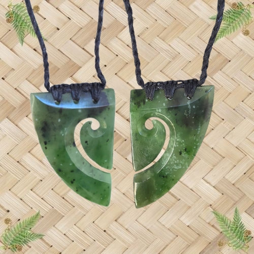 NZ Greenstone Heart Koru Pair Pendant - 70mm