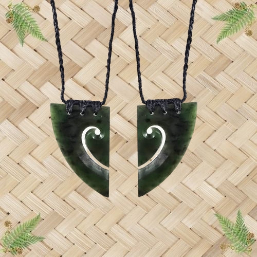 NZ Greenstone Heart Koru Pair Pendant - 70mm