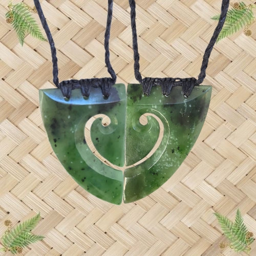 NZ Greenstone Heart Koru Pair Pendant - 70mm