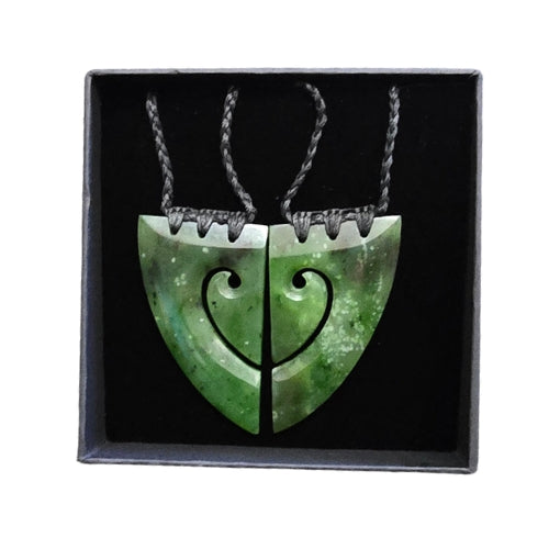 NZ Greenstone Heart Koru Pair Pendant - 70mm