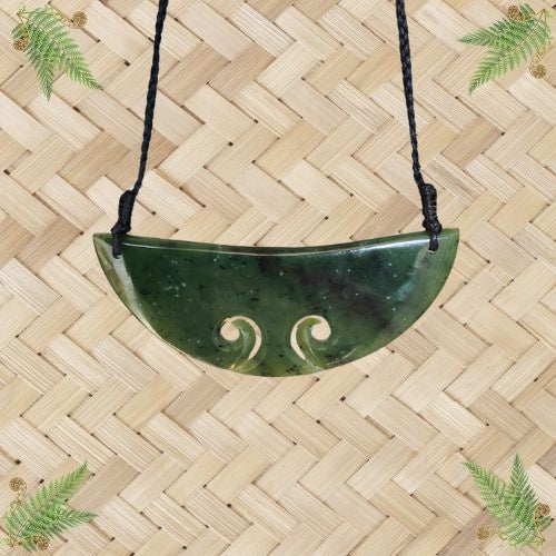 NZ Greenstone Breastplate Pendant with Double Koru - 120mm.