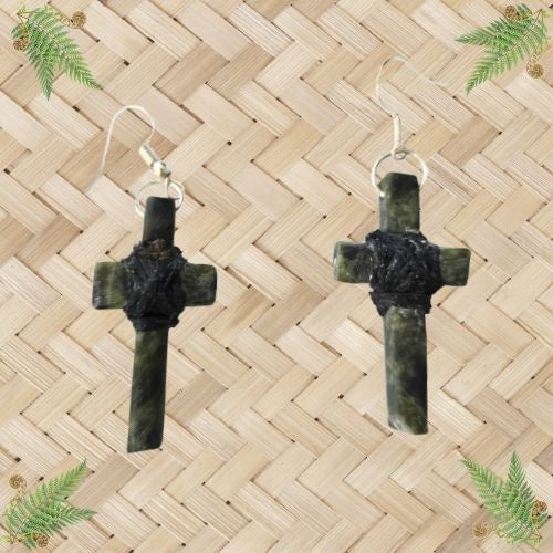 NZ Greenstone Cross Earrings - 40mm