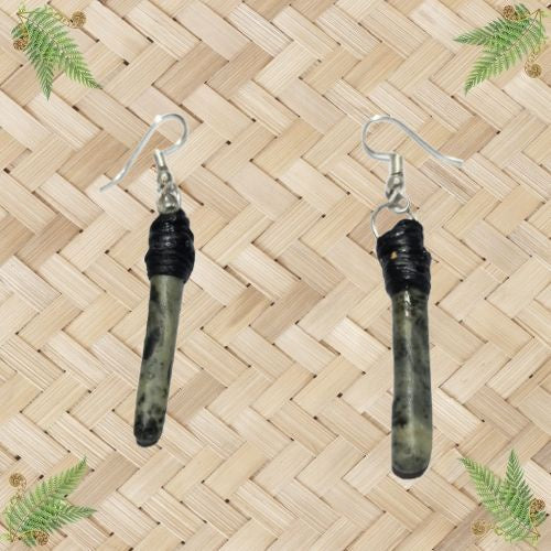 NZ Greenstone Cylinder Bound Earrings - 35mm
