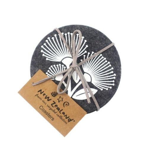 NZ Pōhutukawa with White Felt Coaster Set - Grey