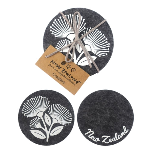 NZ Pōhutukawa with White Felt Coaster Set - Grey