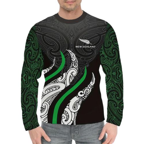 Maori Fern Print Men's Comfy Long Sleeve Crew Neck Stretch T-shirt