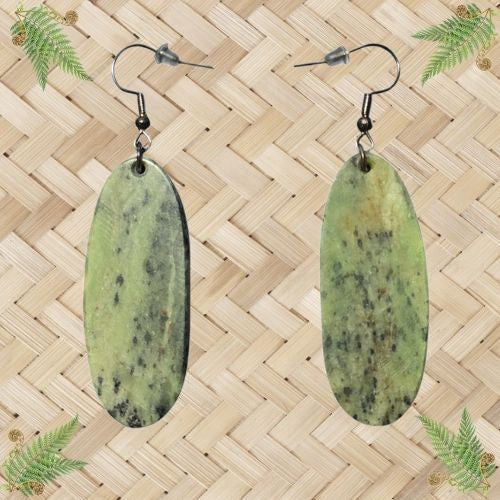 NZ Greenstone Drop Oval Earrings - Kokopu/Tangiwai Mix - 45mm