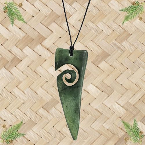 NZ Greenstone Shark Tooth Pendant with Koru - 115mm