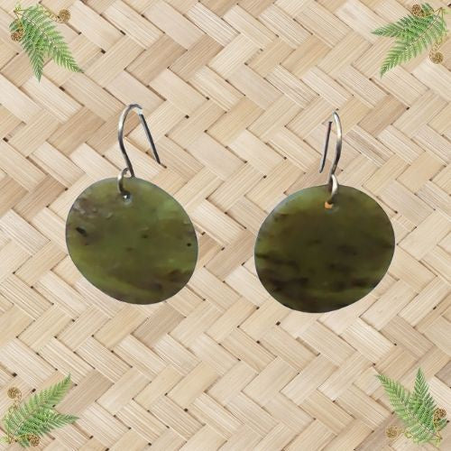 NZ Greenstone Porohita Disc Earrings - 25mm