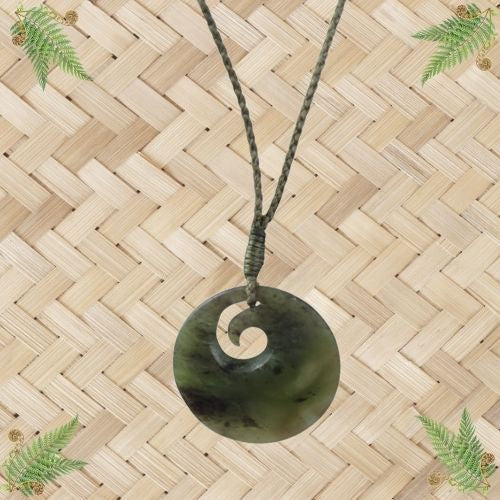 NZ Greenstone Porohita Disc Koru Pendant with Green Binding - 30mm