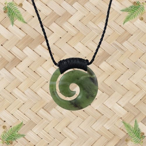 NZ Greenstone Porohita Disc Koru Pendant with Black Binding - 32mm
