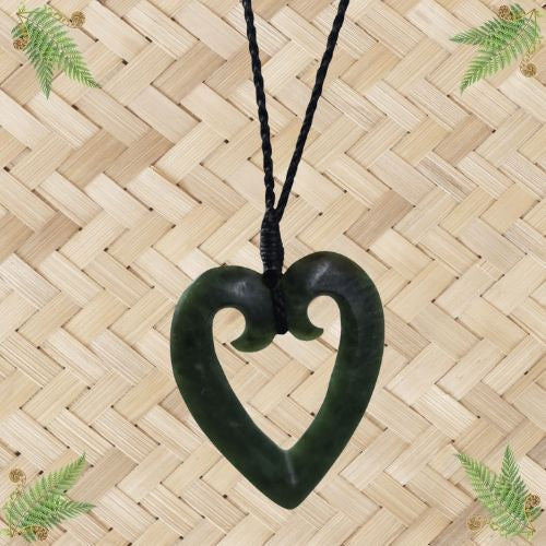 NZ Greenstone Heart Koru Silhouette Pendant - 40mm