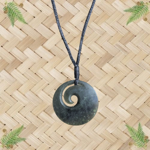 NZ Greenstone Porohita Disc Koru Pendant with Black Binding - 30mm