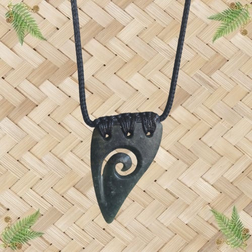 NZ Greenstone Niho Tooth Pendant with Koru - 53mm