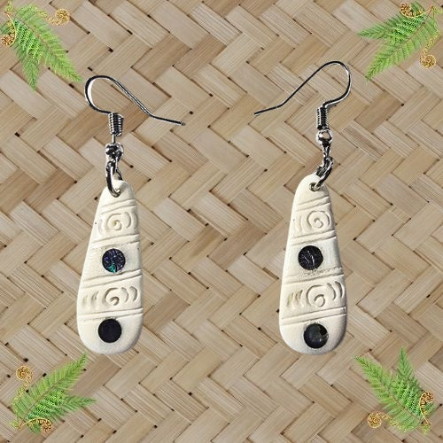 Bone Engraved Teardrop with Paua Dots Earrings - 30mm