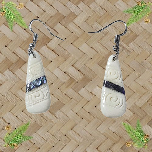 Bone Engraved Teardrop with Paua Stripe Earrings - 30mm