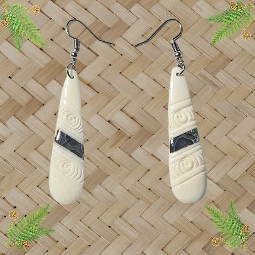 Bone Engraved Teardrop with Paua Stripe Earrings - 50mm