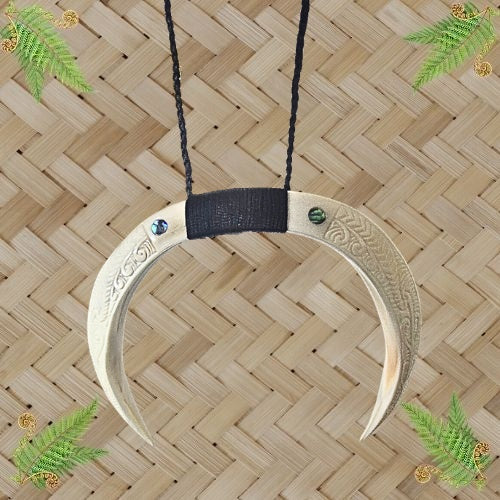 Bone Double Tusk Engraved Pendant - 130mm