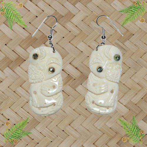 Bone Tiki with Paua Eyes Earrings - 40mm