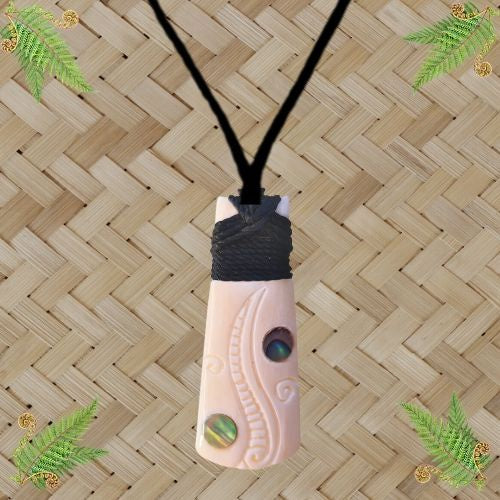 Bone Engraved Koru Toki with Paua Pendant - 50mm
